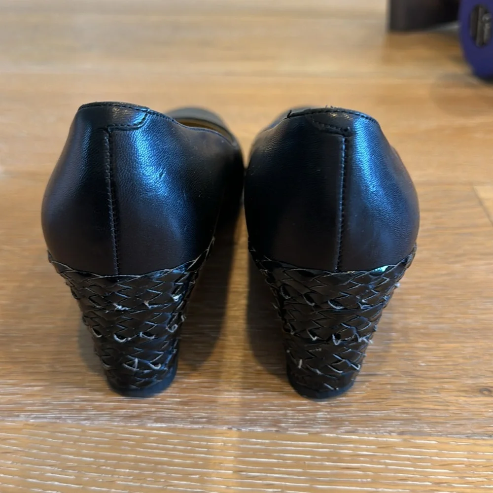 Bruno Magli black leather wedges with basket wave heel